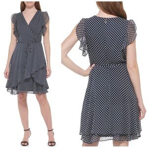 Tommy Hilfiger Polka Dot Faux Wrap Flutter Ruffle Sleeve Navy & White Midi Dress